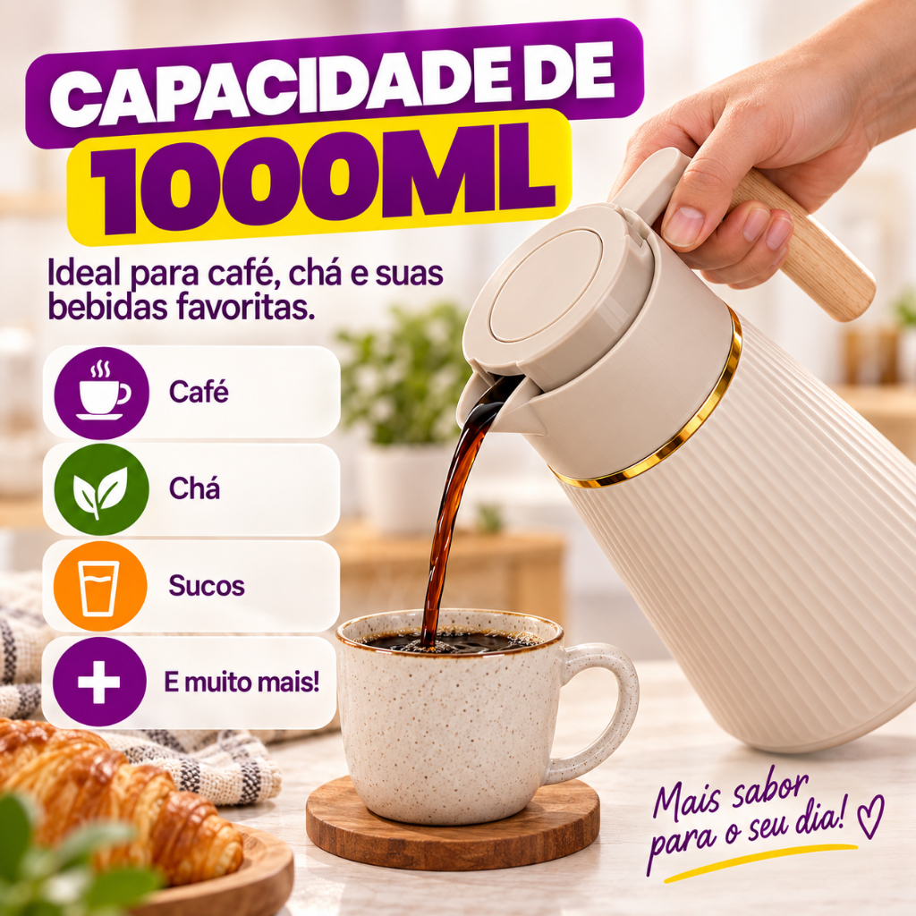 Garrafa Térmica Café 1L com Aro Dourado Alça Madeira 3 Cores