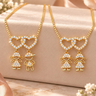 olar Amor de Mãe Dourado Pingente Filhos com Coração/Colar Filhos Dourado 2 Filhas ou Menino e Menina Coração Presente
