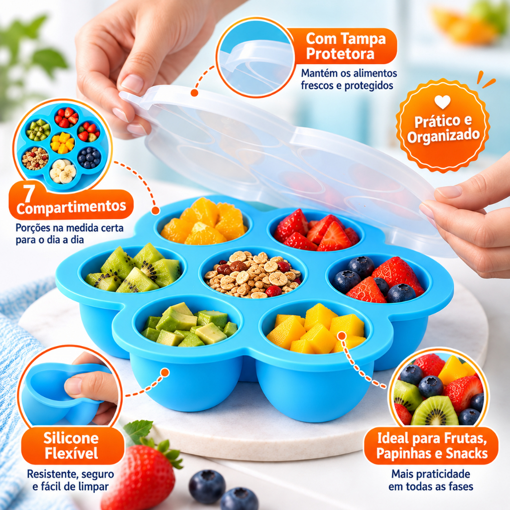Porta Pote Papinha Recipiente Fundo De Silicone Com 7 Divisórias e tampa para introdução alimentar