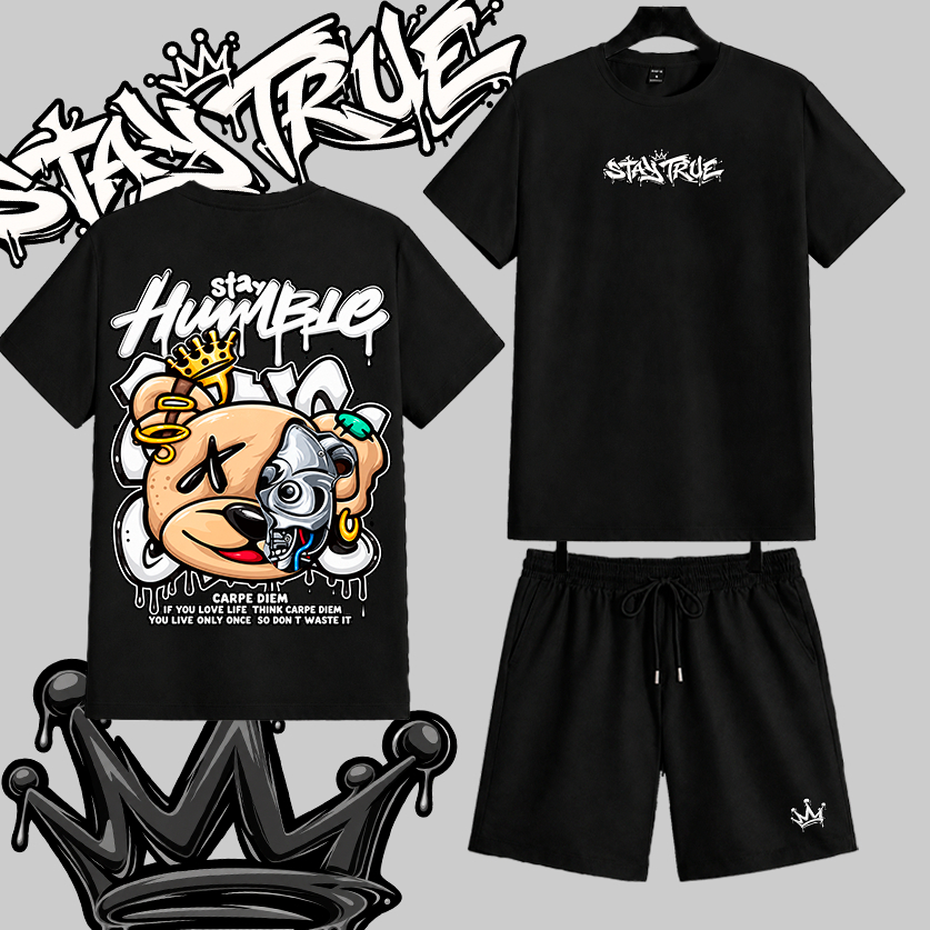 Conjunto Masculino Camiseta Estampa Urso Stay Humble + Short Tactel Várias Cores