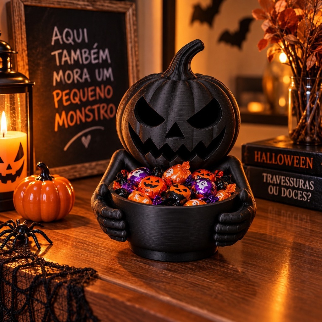 Comilão da Meia Noite Tigela Halloween Abóbora Porta Doces Decoração Festa