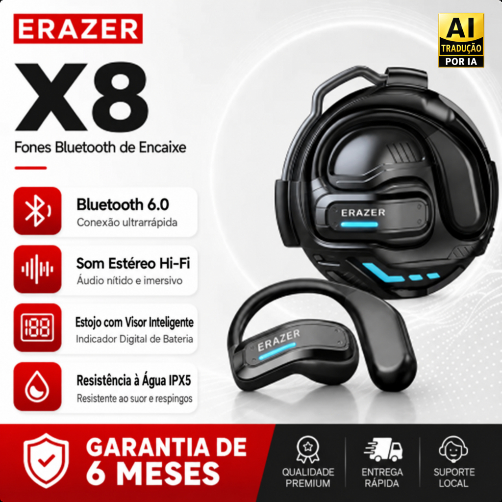 Fone de ouvido Bluetooth tradutor por IA Lenovo ERAZER X8, Bluetooth 5.4, vários modos de tradução, fone sem fio, qualid