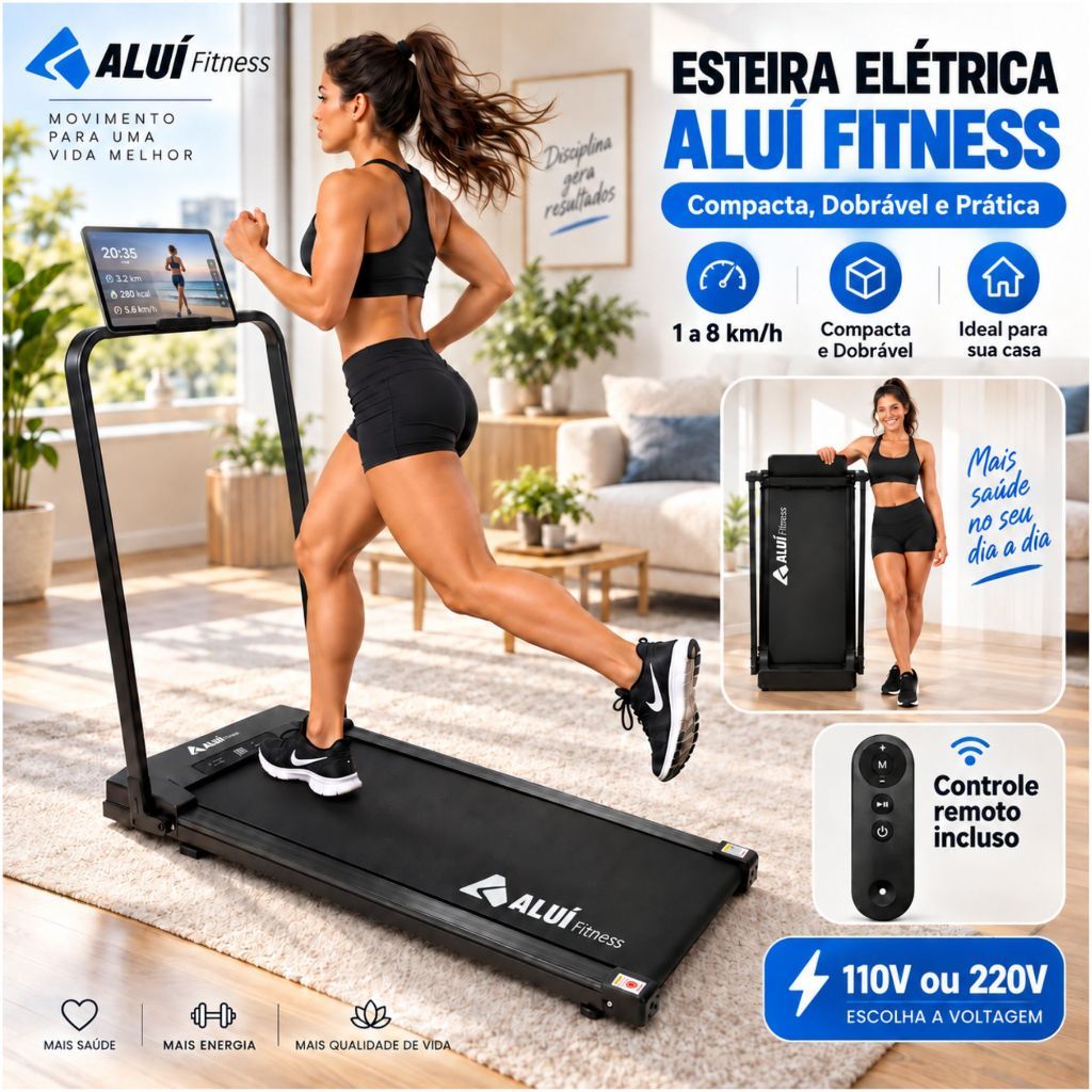 Alui Esteira Elétrica Preto Corrida Caminhada Cardio 8km/h Dobrável Controle Painel Digital Suporta 150kg