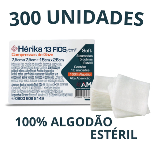 Compressa de Gaze Estéril Hérika Hidrófila 300 Unidades de Gaze Estéril 13 Fios -7,5x7,5cm - 15x26cm