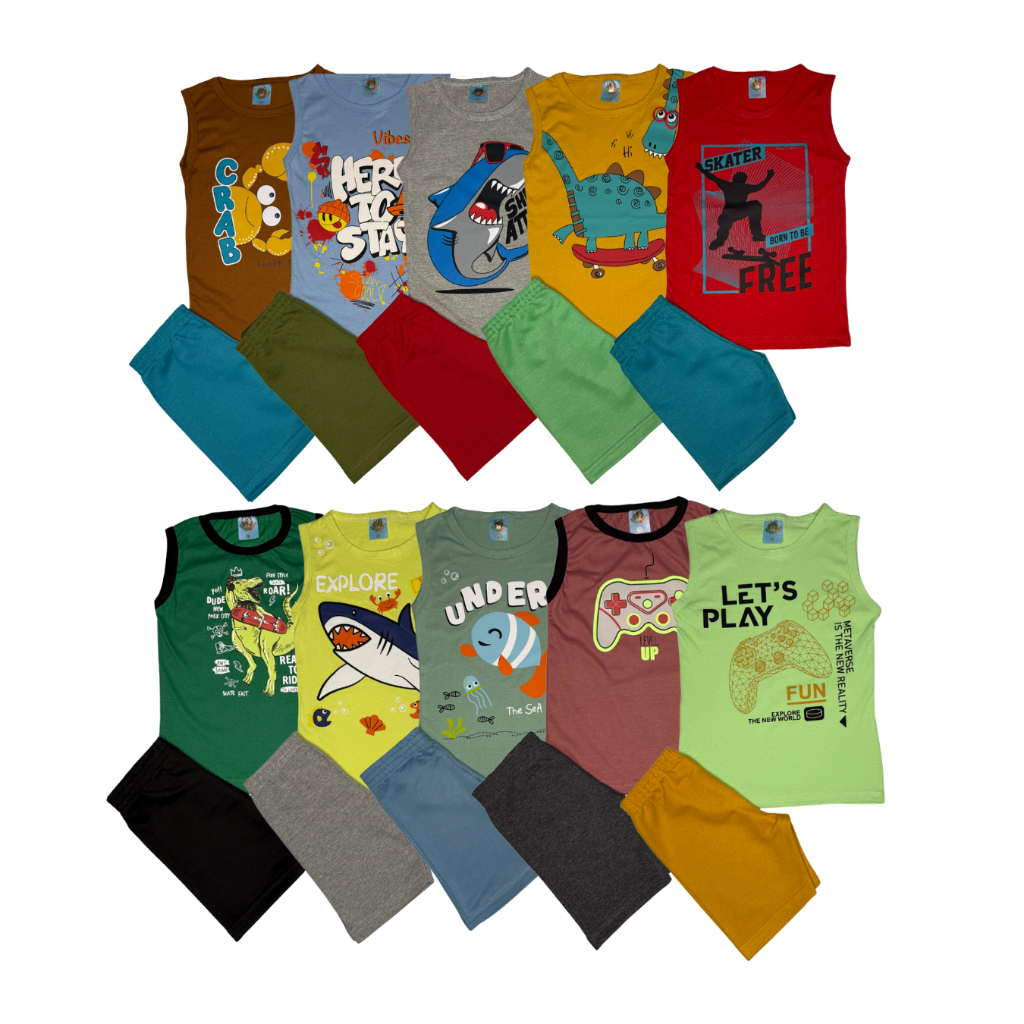 Kit 4 Peças Sortido 2 regatas 2 bermudas Sortido Regata Infantil Menino Verã tamanho 1 2 3 4 6 8