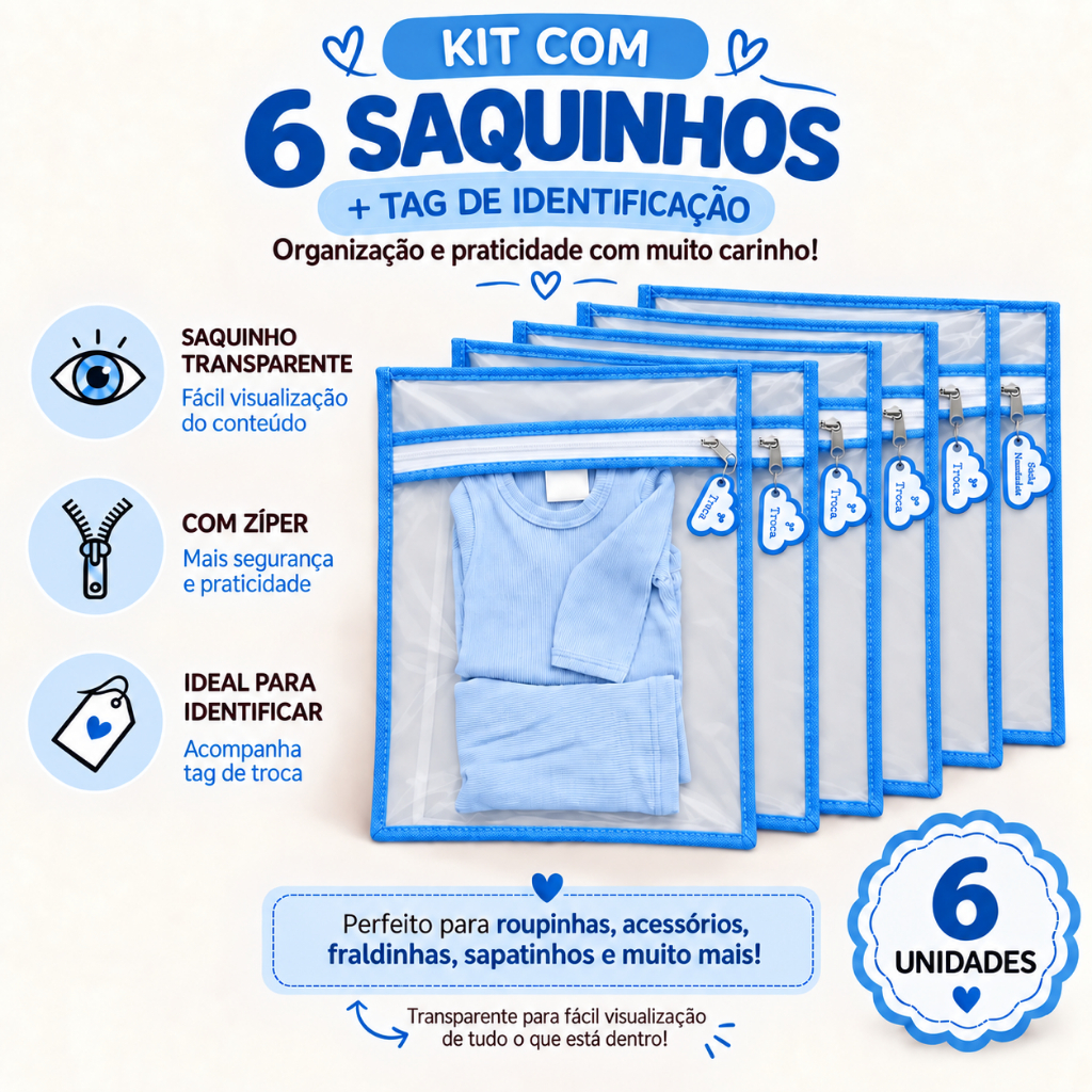 6 Saquinho Maternidade Organizador Viagem Mala Bebê 27x33 + TAG de identificação de troca