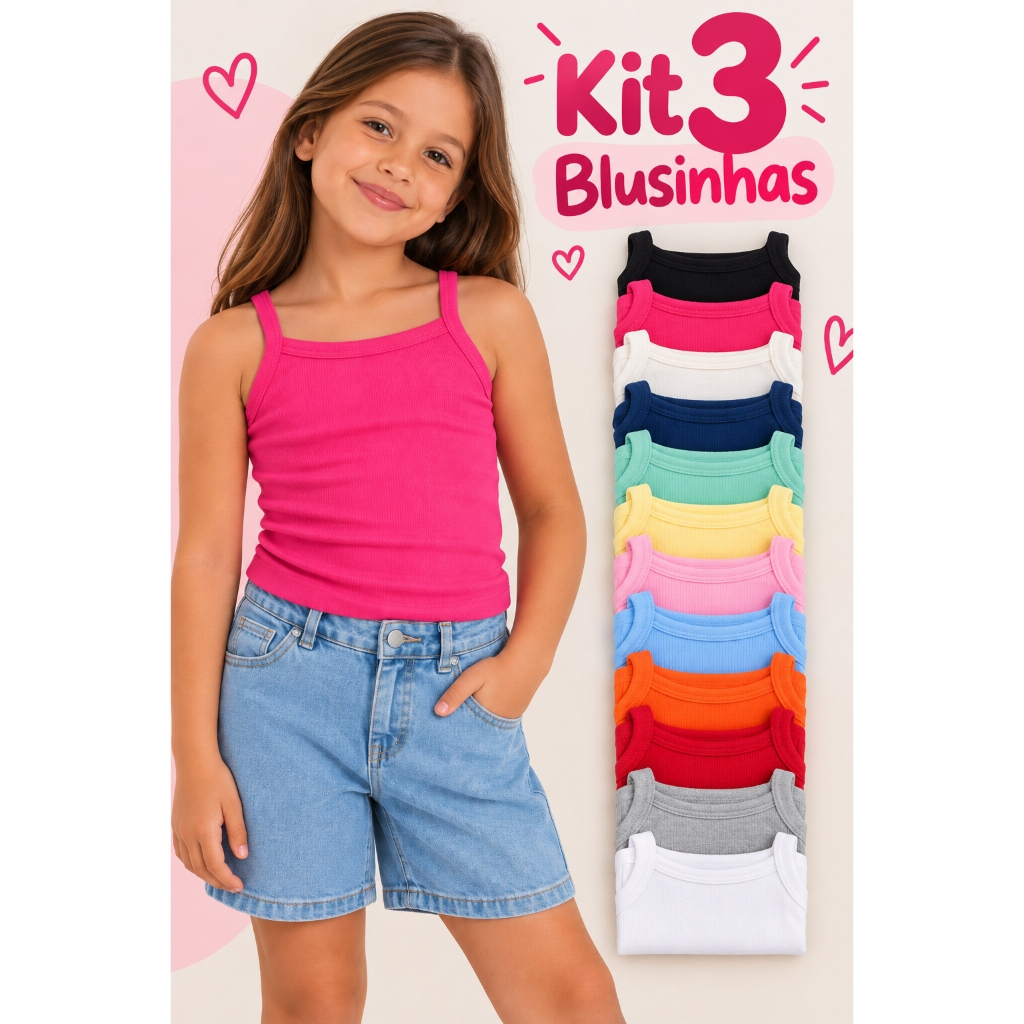 Kit 3 regata feminina infantil Sortidas Juvenil camiseta infantil menina blusa de alça Canelada 2 à 12 Anos