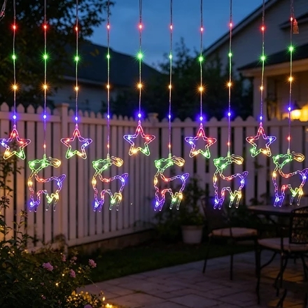 Cortina LED Estrela Com Renas 100 LEDs 3m 8 Funções Colorido Conectável Com Macho e Fêmea
