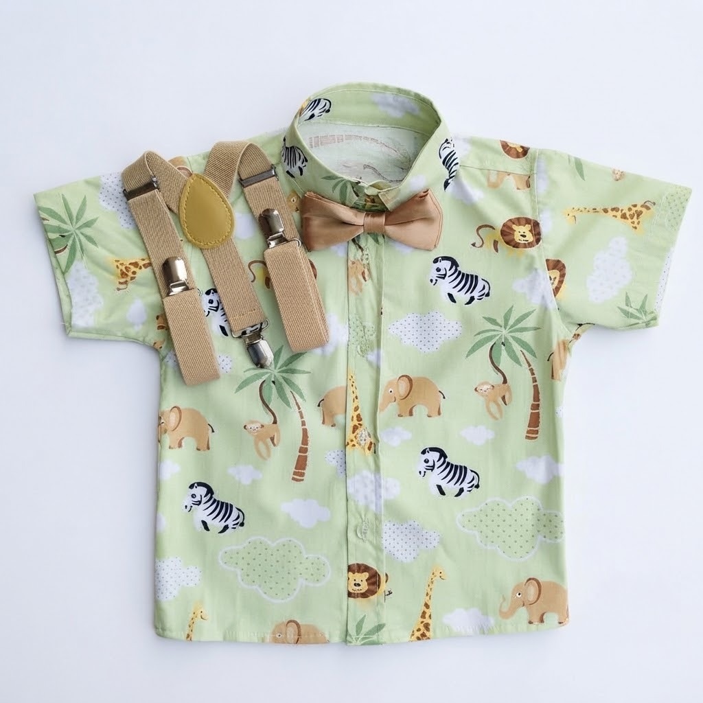 Conjunto Temático Safari Infantil Camisa e Suspensório Gravata