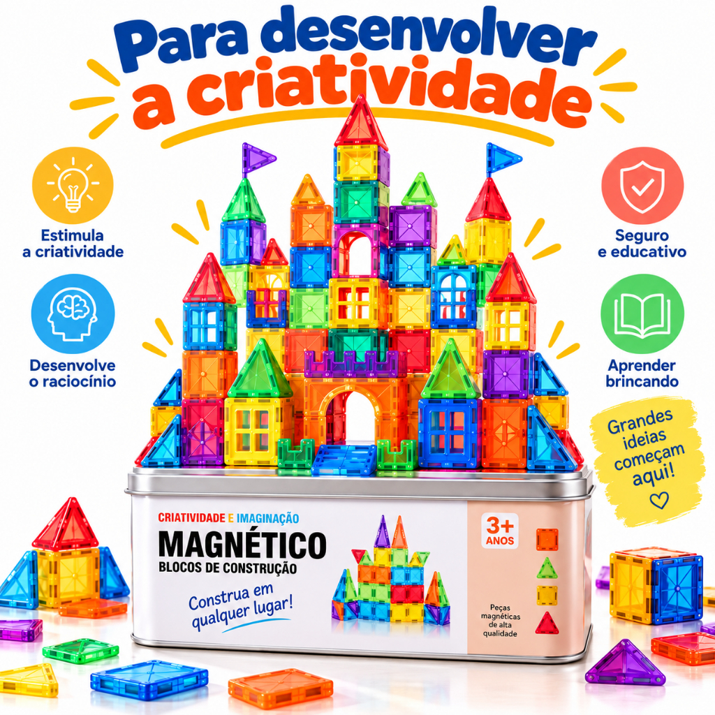 Brinquedo Bloco Magnético Construção Estojo Metal Educativo 56