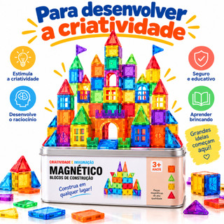 Kit Brinquedo Bloco Magnético de Construção com Imã Estojo Metal Educativo Bloquinhos de Montar que Grudam
