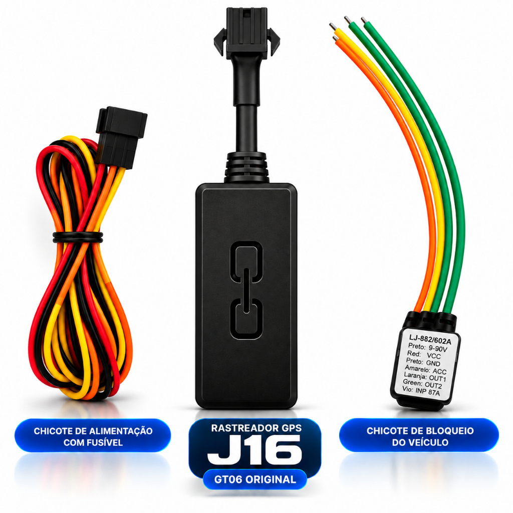 Rastreador J16 GPS Veicular 4G/2G + chicote de bloqueio ( Desbloqueado ) para Carro, Moto, Caminhão, Van...