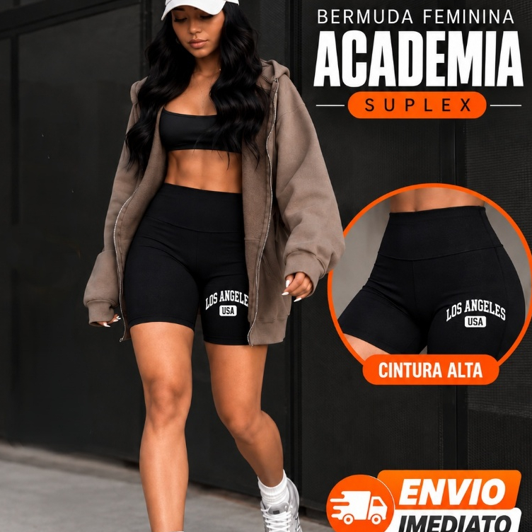 Bermuda Feminina Academia Suplex Fitness Treinos Cintura Alta Corrida Caminhada Yoga Moda