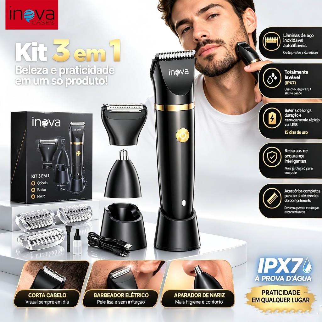 Inova Máquina de Cortar Cabelo e Barbear 3 em 1 - Aparador de Pelos Íntimos, Nariz e Corpo - IPX7 à Prova d'Água