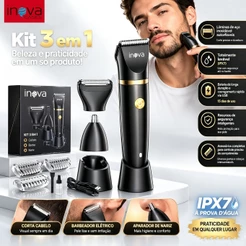 Inova Máquina de Cortar Cabelo e Barbear 3 em 1 - Aparador de Pelos Íntimos, Nariz e Corpo - IPX7 à Prova d'Água