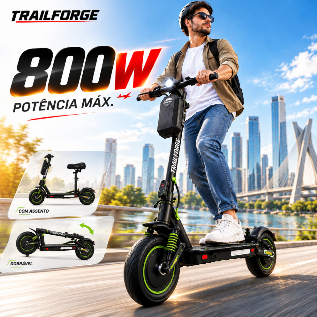 Trailforge-T1 Patinete Elétrico Adulto Dobrável 800w Scooter Elétrica Autonomia de 40km 48V 12.5A