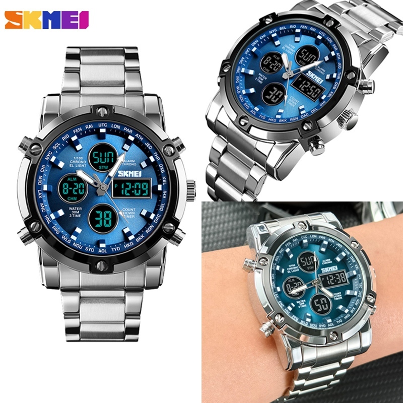 SKMEI 1389 Relogio Masculino Analogico e Digital Casual Relógio de quartzo com pulseira de aço inoxidável e LED digital