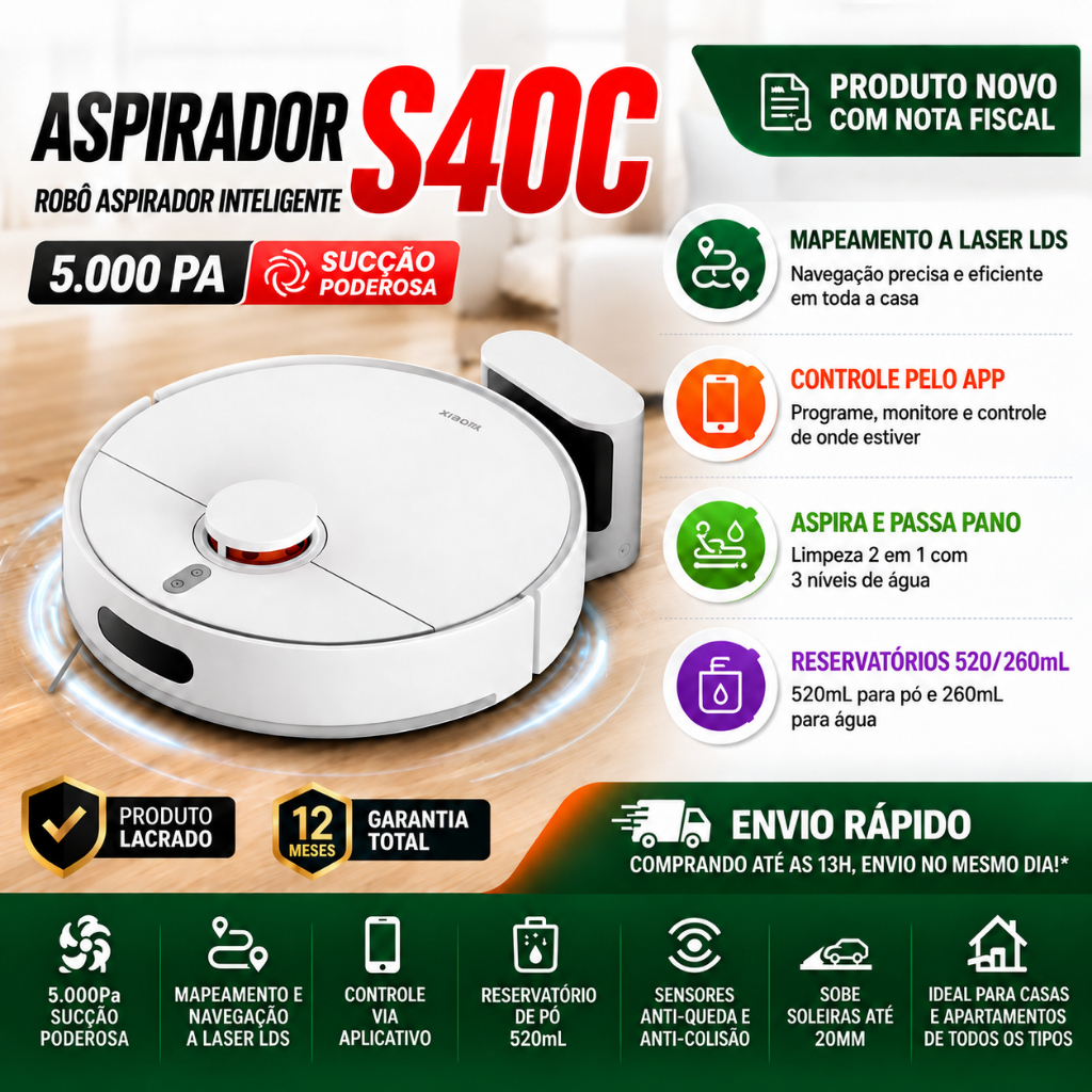 Robô Aspirador S40c 5000Pa Inteligente WiFi Mapeamento Aspira Passa Pano Casa Limpa