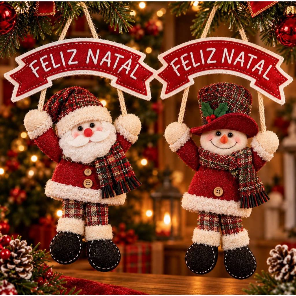 Enfeite Placa Feliz Natal 24cm Papai Noel e Boneco De Neve Vermelho Decoração Para Portas E Janelas
