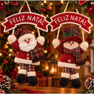 Enfeite Placa Feliz Natal 24cm Papai Noel e Boneco De Neve Vermelho Decoração Para Portas E Janelas