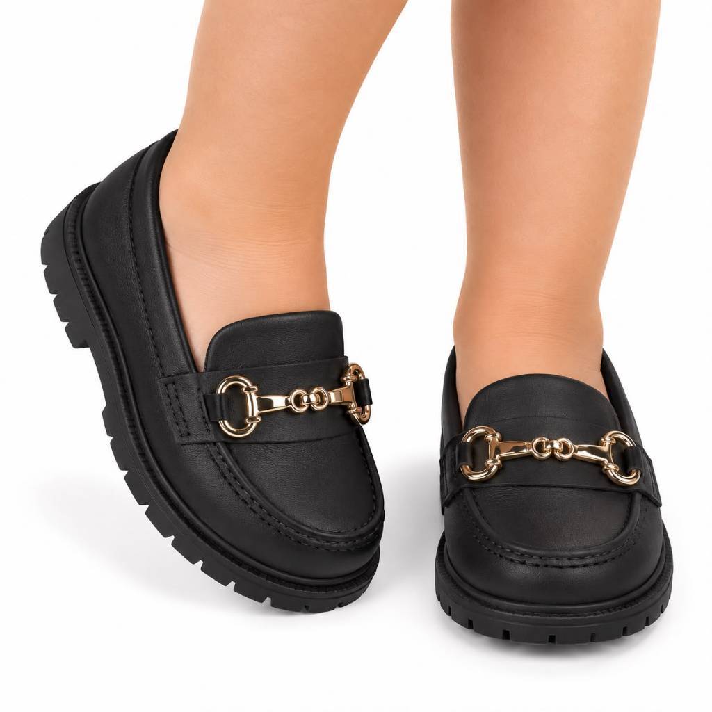 Mocassim Menina Modelo Oxford Off White e Preto Lindo Confortável