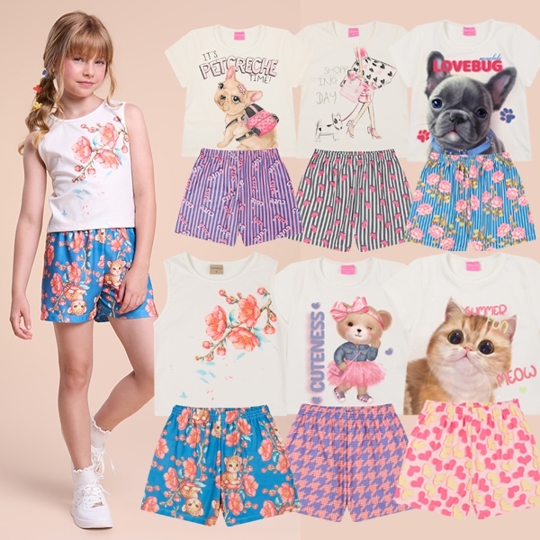 Kit Sortido 10 Peças de Roupas Infantil Menina 5 Camisetas + 5 Bermudas - Kit 5 Conjuntos Infantil Menina