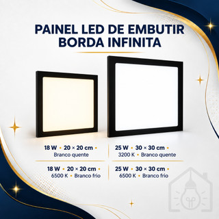 Painel Plafon Borda infinita 18w 25w Embutir Quadrado Bivolt 6500K 3200K  Moderna Para Sala Quarto Escritorio