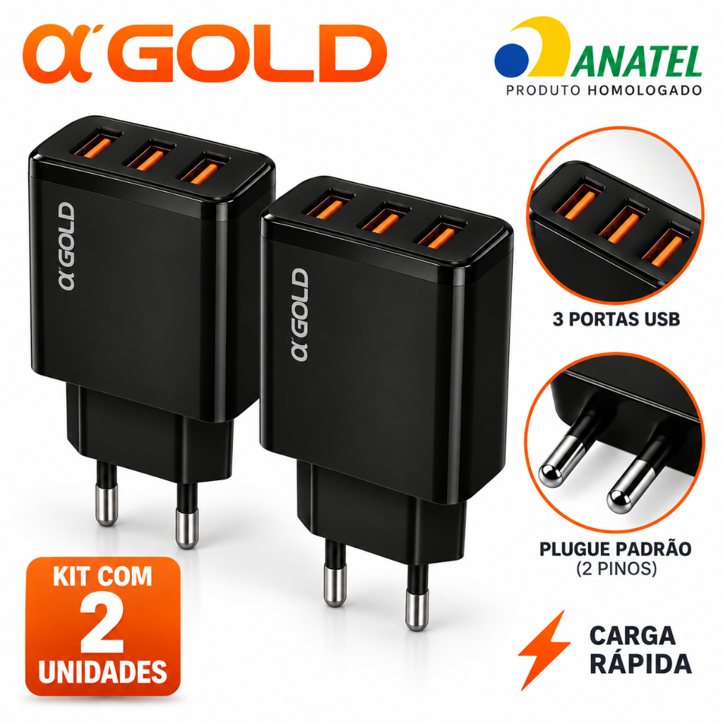 Kit 2x Carregador Celular 3 Entradas Fonte USB Rápido 5.1A Original A'Gold