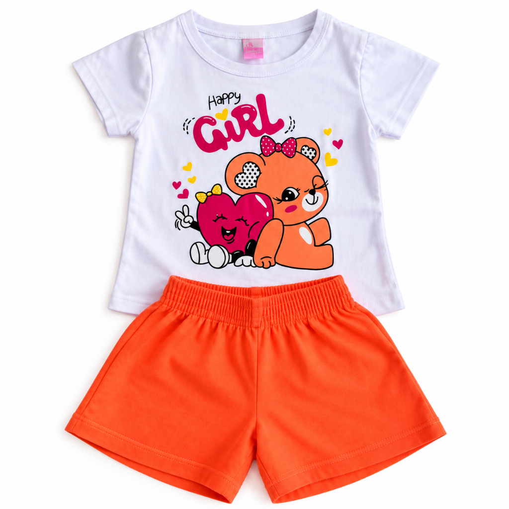 Conjunto Infantil Feminino de Algodão Blusa Estampada e Short Tamanhos 2, 4 e 6