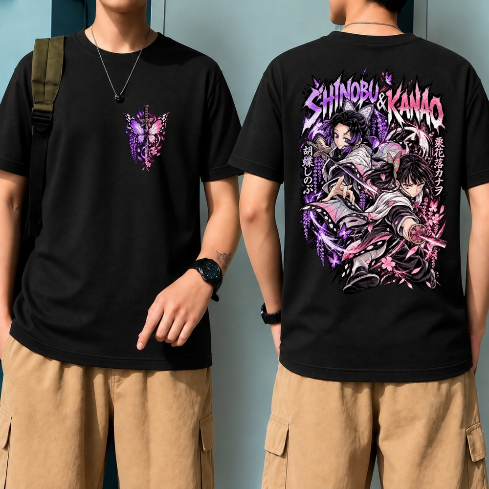 Camiseta Demon Slayer Anime Shinobu e Kanao Hashira Personagens Estampada Unissex Plus Size Várias Cores 100% Algodão