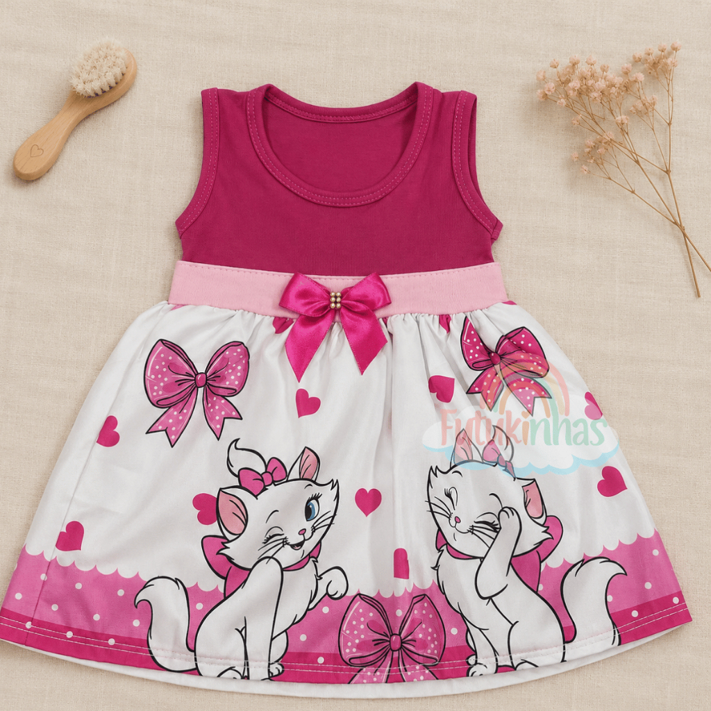 Vestido para bebê temático Gata Marie rosa pink e vermelho