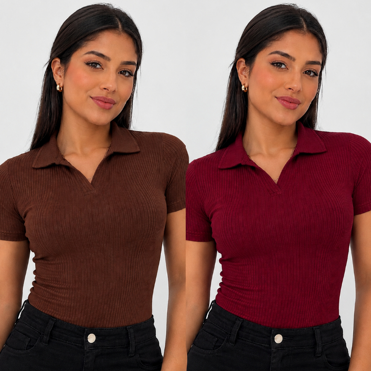Kit 2 Blusa Feminina Gola Polo Ribana Canelada Veste P M G