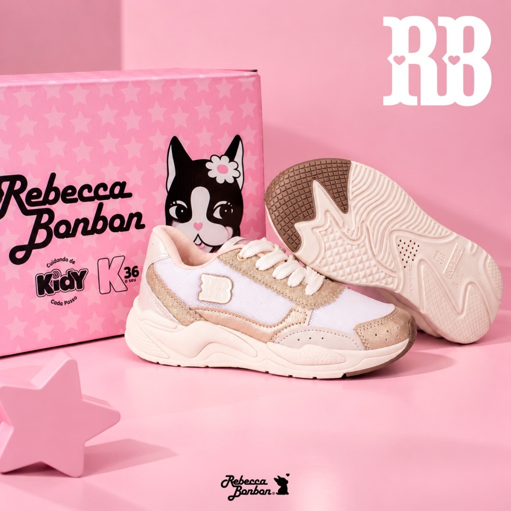 Tênis Infantil Menina Kidy K360 Retrô Rebecca Bonbon Dourado Moderno Conforto Macio Brilho Escolar