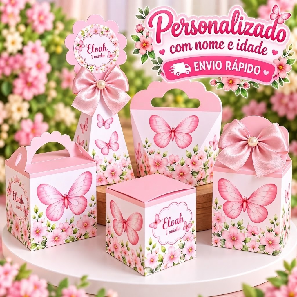 Kit Caixas Festa Jardim das Borboletas Rosa Personalizada Lembrancinhas Jardim Encantado