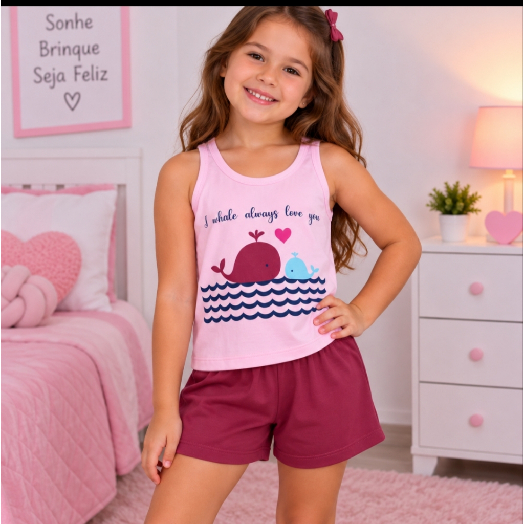Pijama Infantil Feminino Menina Regata  Short Estampado Conjunto Verão Cores e Estampas Variadas 2 ao 8