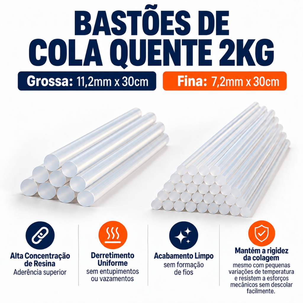 Cola Quente Bastões Refil 2KG Grossa 11mm ou Fina 7mm Transparente Artesanato DIY LeoArte