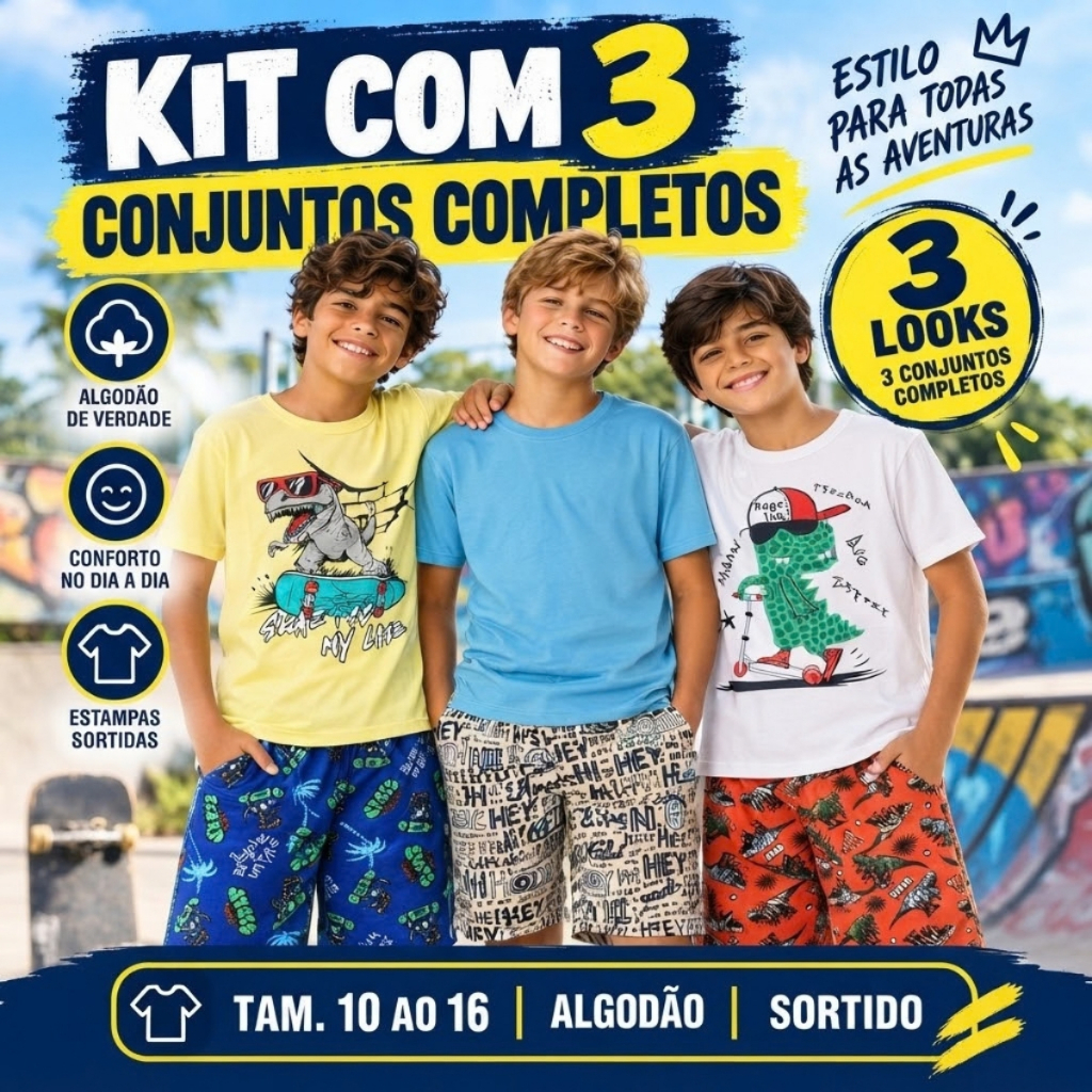 Kit 6 Peça Sortido Menino Conjunto Roupa Infantil Juvenil 3 Short+3 Camiseta Verão Bermuda Estampado