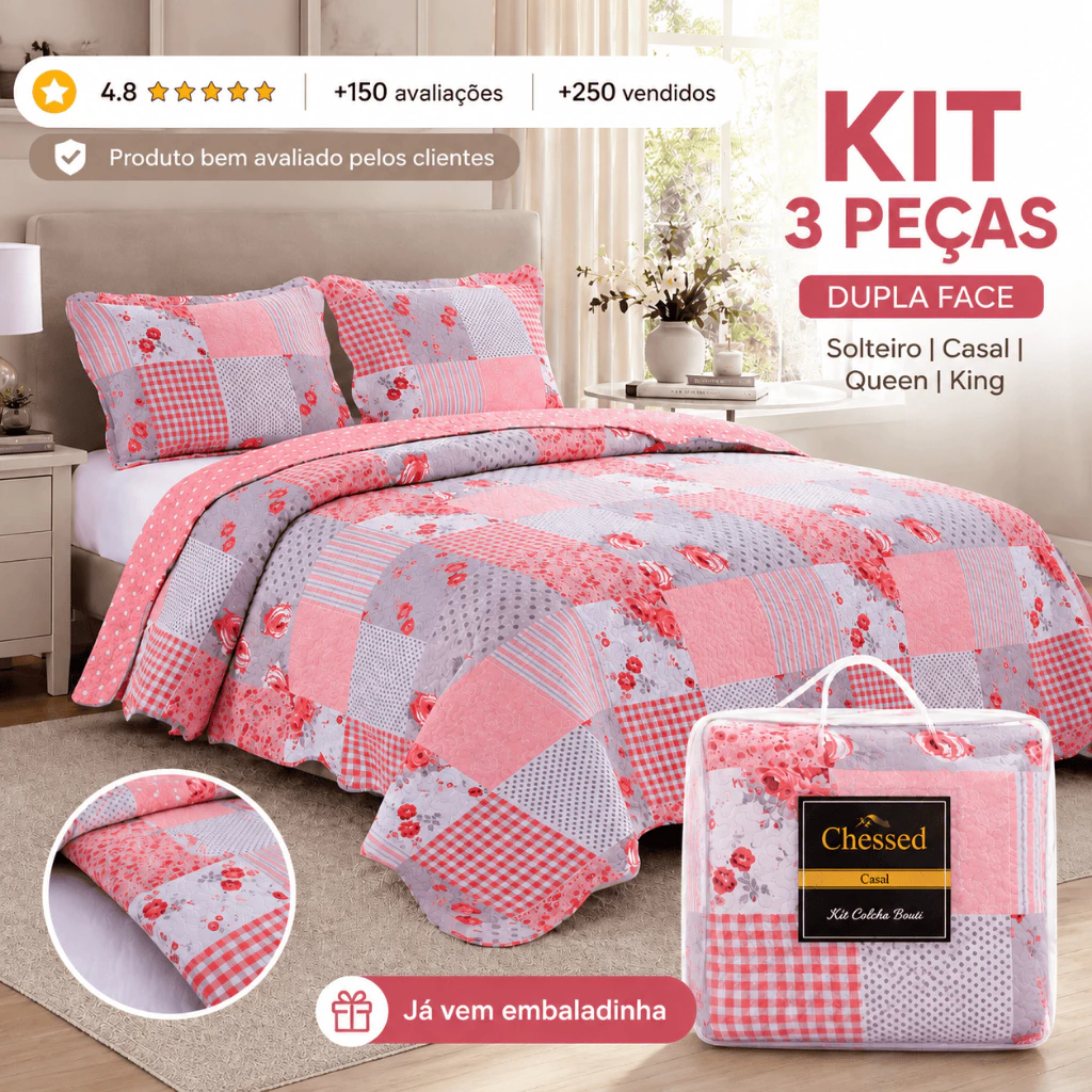 Colcha Cobre Leito 3 Peças Dupla Face Matelado Floral para Cama Box