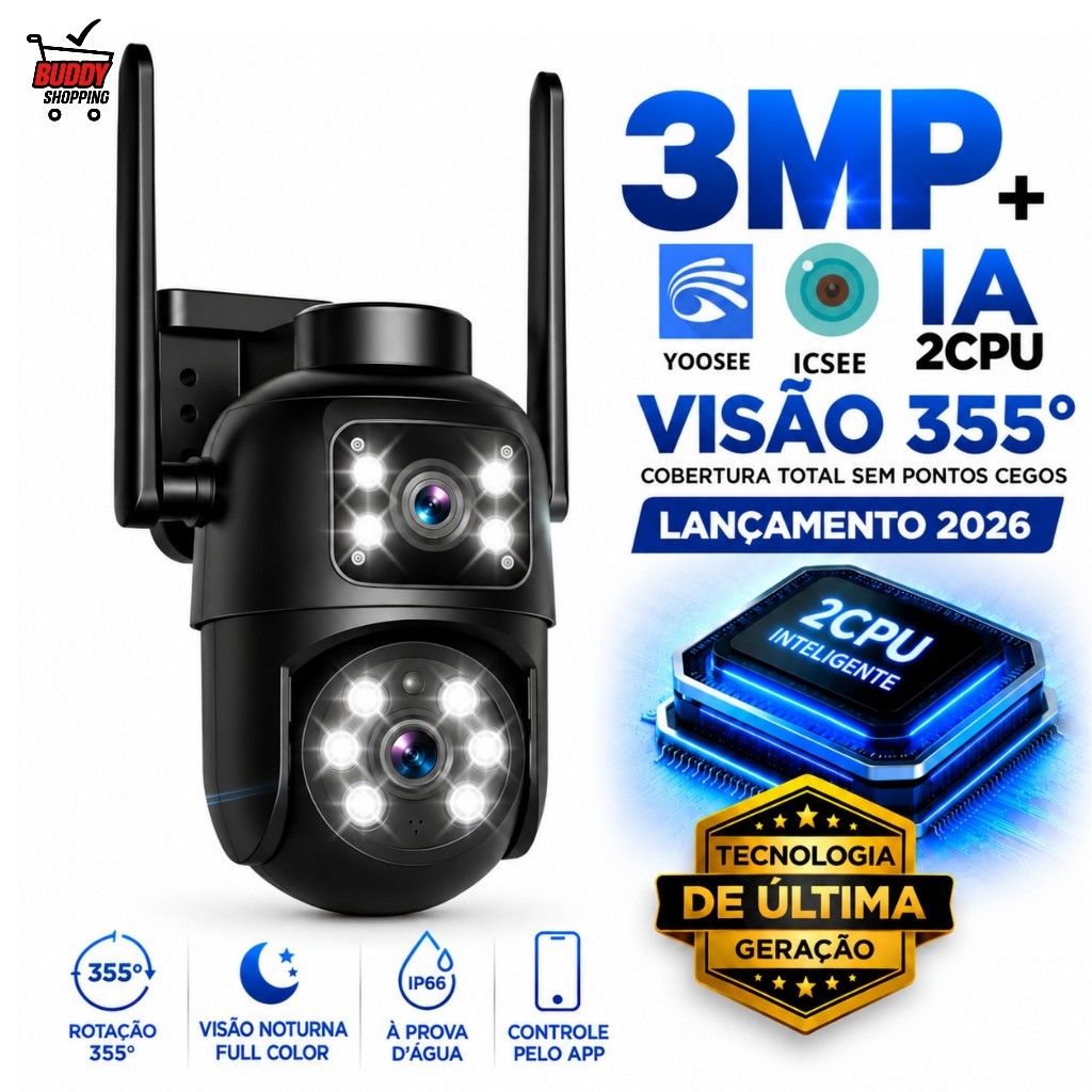Câmera WiFi YOOSEE A31 3MP PTZ 355° Visão Noturna Áudio 2 Vias Auto Tracking IP HD