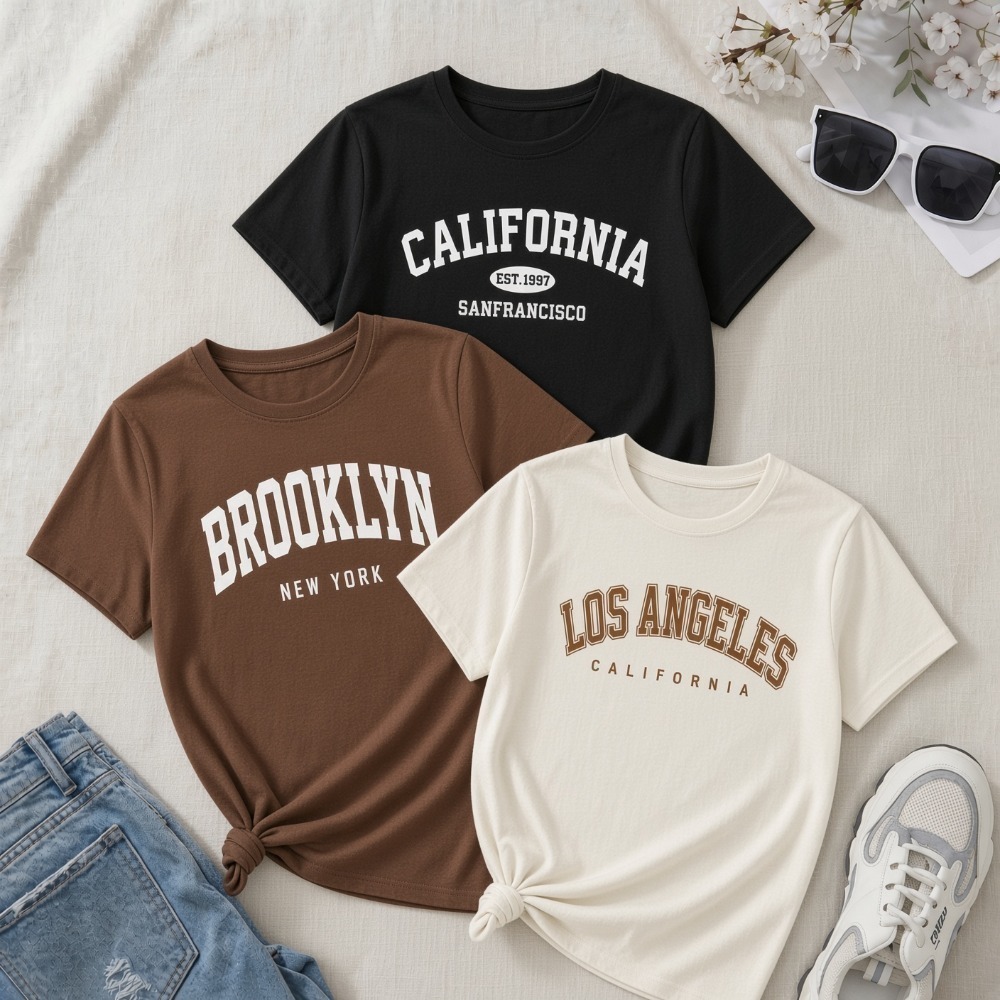 Kit 3 Camisetas Femininas Estampadas | California + Brooklyn + Los Angeles | Moda Cidades USA