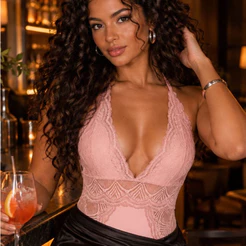 Body de Renda Feminino Sexy Decote Profundo Sem Bojo e Sem Aro Alças Finas Reguláveis Pocah