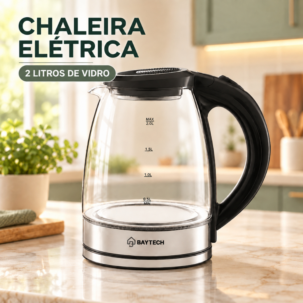 Chaleira Elétrica Vidro 2L 127/220V 1000W/1400W Base 360° Aquecimento Rápido Café Desligamento Automático ENVIO IMEDIATO