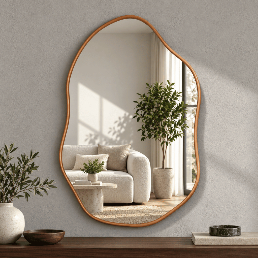 Espelho Orgânico Moldura Em Couro Decorativo Grande Luxo Moderno Lapidado Parede Banheiro Nuvem - BRILLARE