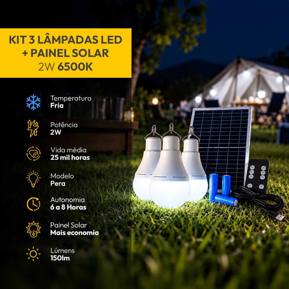 Kit Lampadas Led Pera Com Painel Solar 2w 6500k Branco Frio Autonomia até 8h Alut By Avant