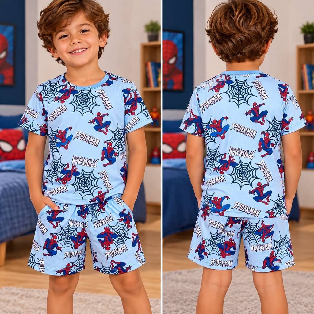 Conjunto Pijama Infantil Menino Manga Curta Estilosa Verão Personagens Heróis Confortável