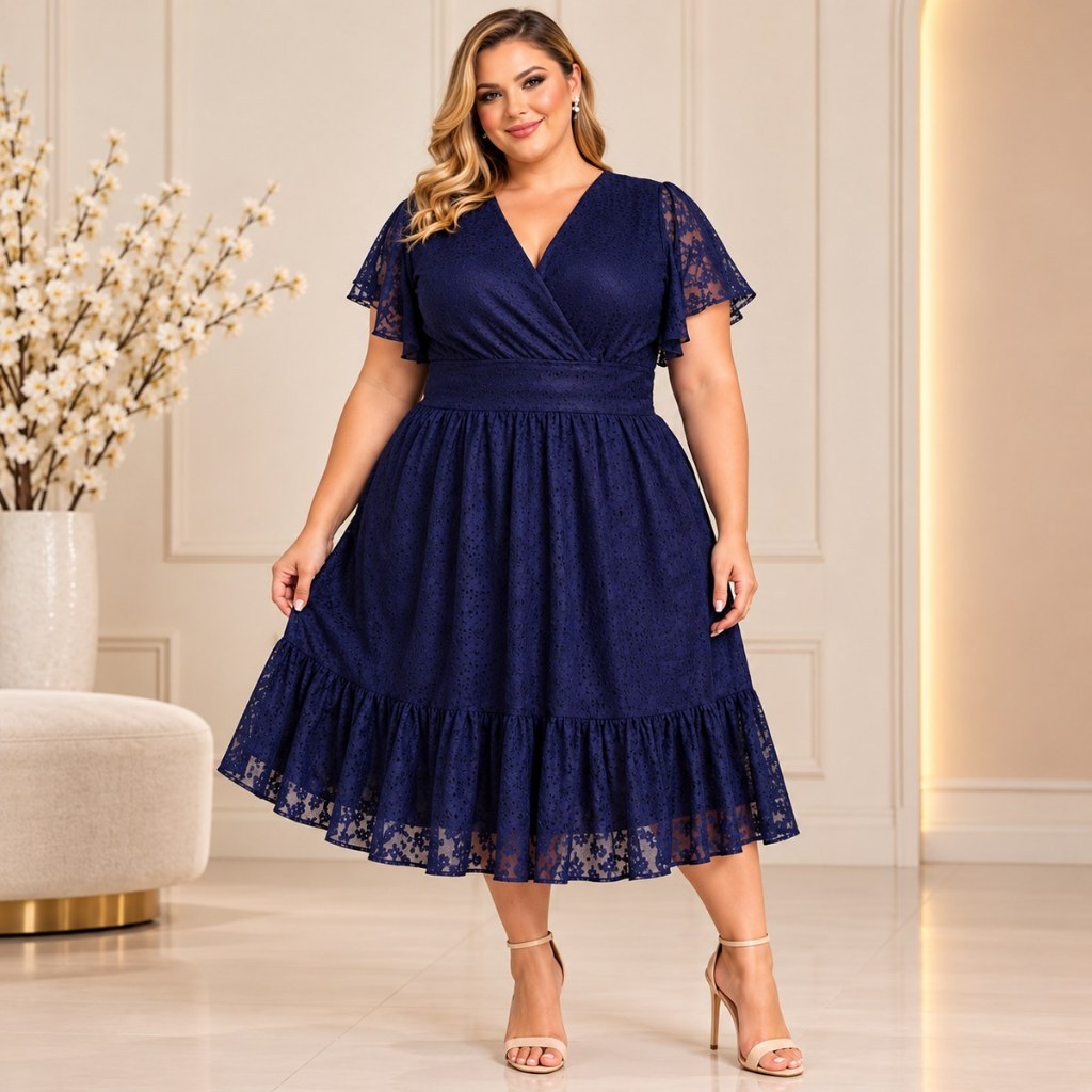 Vestido Midi Feminino Tule Manga Lenço Decote V com Babado Moda Evangélica