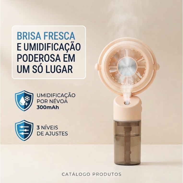 Mini Ventilador Portátil com Névoa Recarregável USB Tipo-C 3 Velocidades para Mesa Escritório Quarto