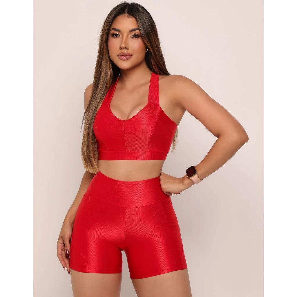 Conjunto para Academia zero Transparência tecido canelado fitness short curto para corrida — imagem 1