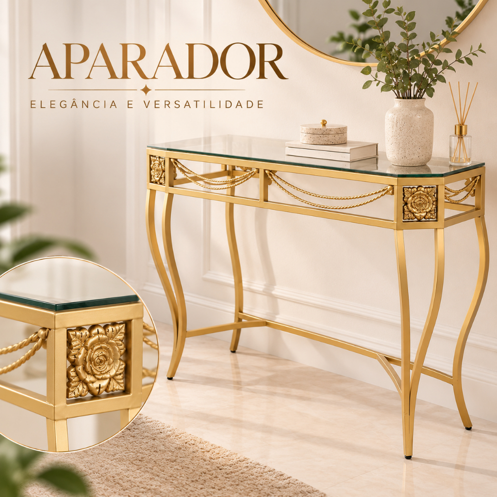 Aparador Sextavado 80cm Luxo Ferro Dourado com Vidro Mesa para Sala Decoração Moderna Cantinho Café