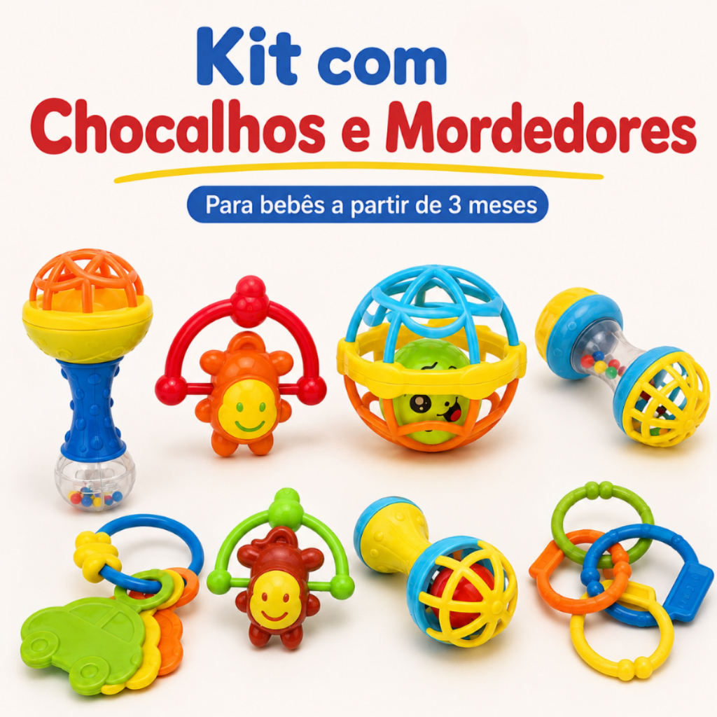 Kit Chocalhos e Mordedor Bebê Brinquedo Infantil Estímulo Sensorial e Diversão
